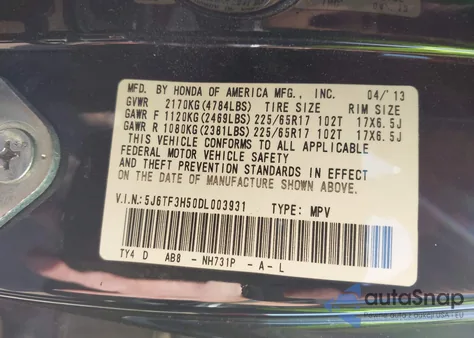 2013 Honda Crosstour Ex-L from USA, damaged, VIN 5J6TF3H50DL003931